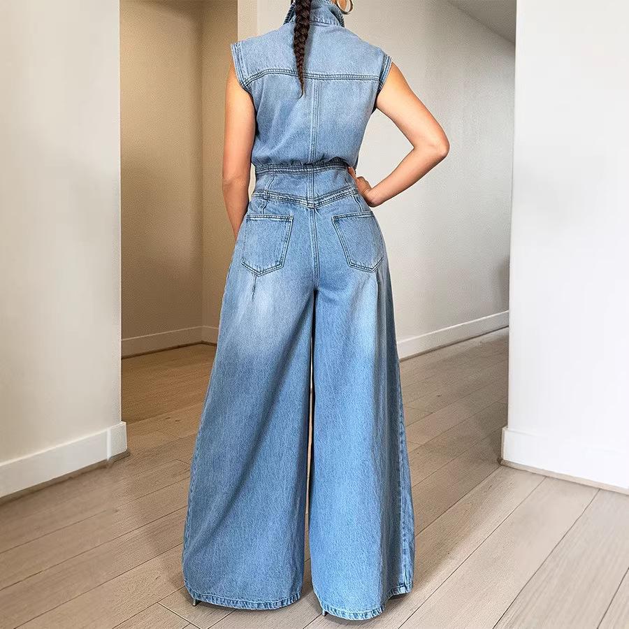 Elegant Women's Sleeveless Washed Denim Jumpsuit with Wide-Leg Pants