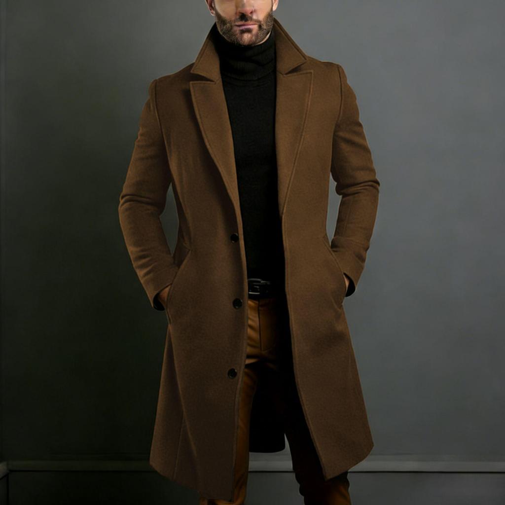 2025 European Men's Woolen Mid-Length Single-Breasted Fashion Overcoat