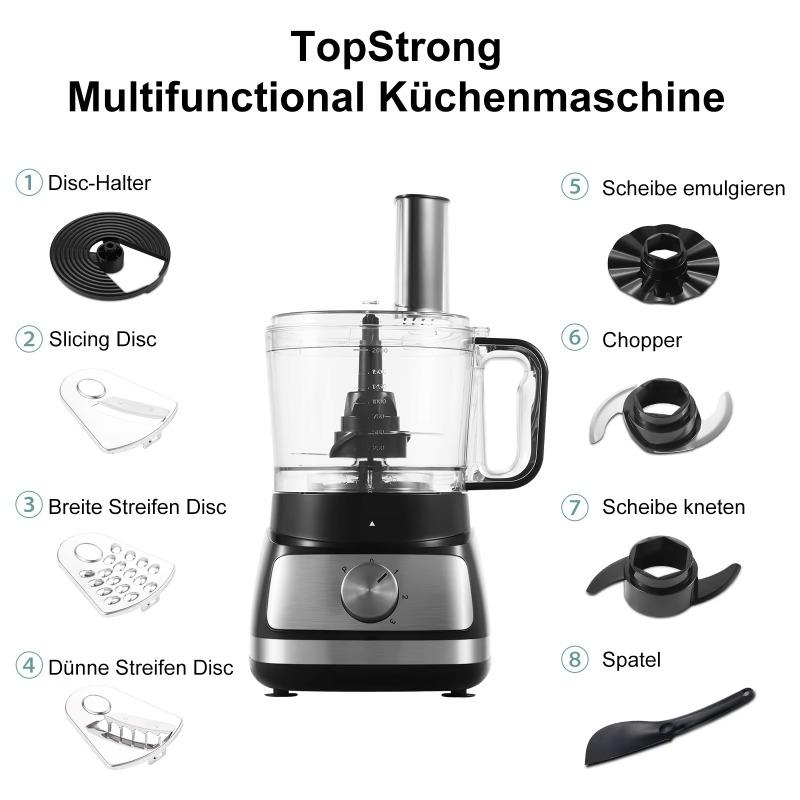 TopStrong 6-in-1 Food Processor 800W 2L Silver Multifunctional Chopper Slicer Shredder Kneader Dough Blender 3 Speeds Pulse EU