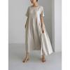 2026 Summer Large Loose Cotton and Hemp Casual Dress Elegant New Round Neck Short Sleeve A-line Dress Female Fashion Solid Color Simple Clothing