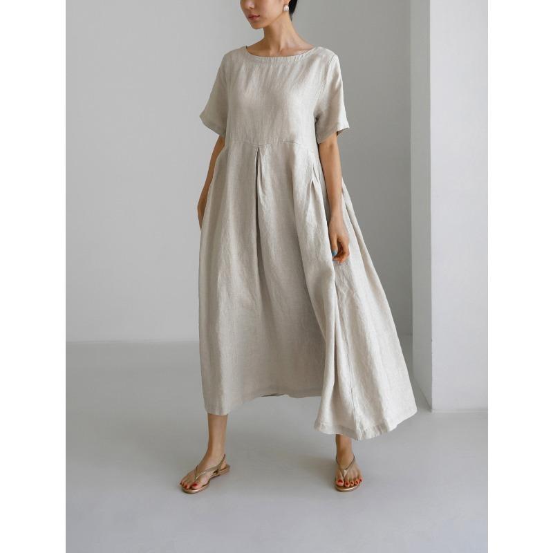 2026 Summer Large Loose Cotton and Hemp Casual Dress Elegant New Round Neck Short Sleeve A-line Dress Female Fashion Solid Color Simple Clothing