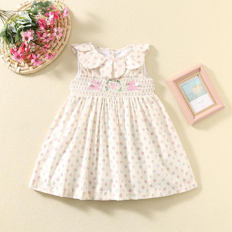 Summer Girls Sleeveless Smocked Dress With Petal Collar Cute Cartoon Rabbit Print Princess Dress For Kids 80cm
