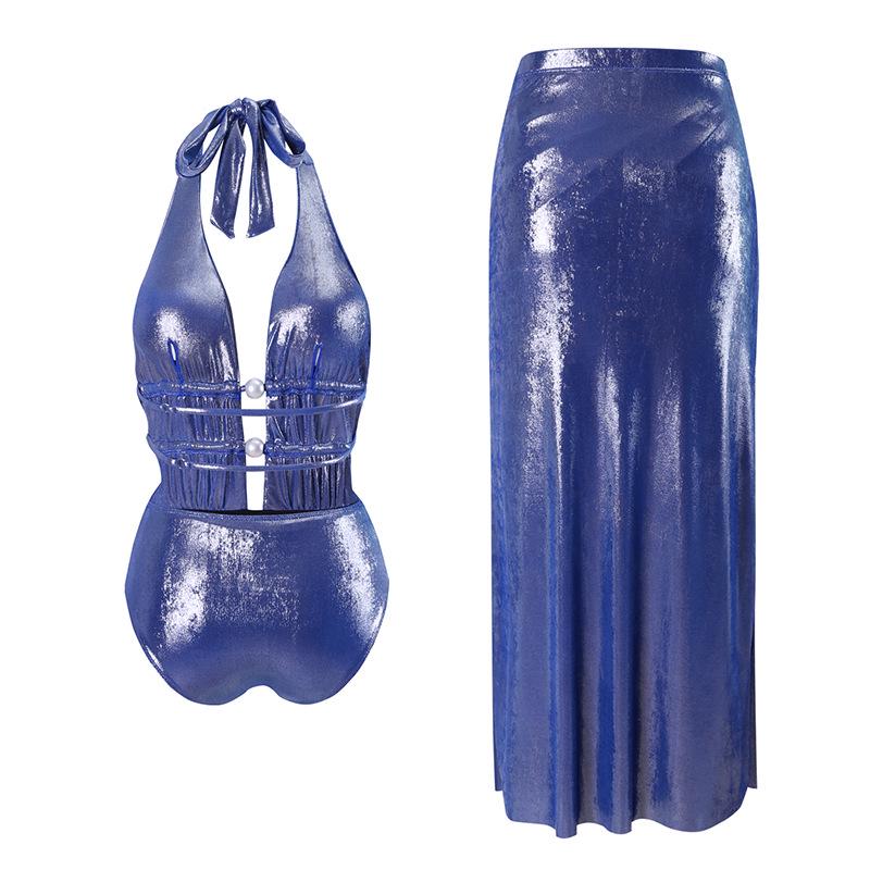 2024 European & American Halter Pearl-Embellished Hollow Out Bikini Set for Women