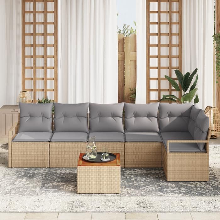 Ensemble de canapé de jardin 7 pièces avec coussins beige poly rattan acacia, Sofa de jardin 2 places avec rangement 3356383