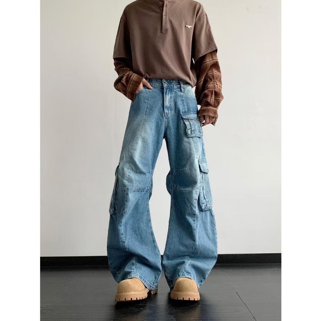 Men's Mid Rise Washed Cat Whisker Barrel Jeans Loose Wide Leg Denim Pants American Vintage High Street Y2K Casual Four Seasons Long Trousers