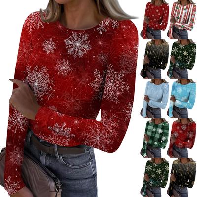 Women's Fashion Slim-Fit Round Neck Base Layer T-Shirt Christmas Print Long-Sleeved Top
