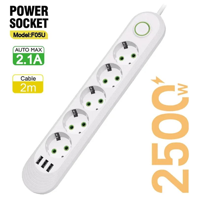 2500W EU Plug AC Outlet Multiprise Power Strip 2m Extension Cord Electrical Socket Network Filter With USB Ports Fast Charging