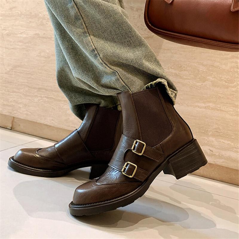 Fashion New Autumn Winter Split Leather Women Boots Chelsea Boots for Women Belt Buckle Round Toe Chunky Heel Ladies Shoes Zapatos Mujer