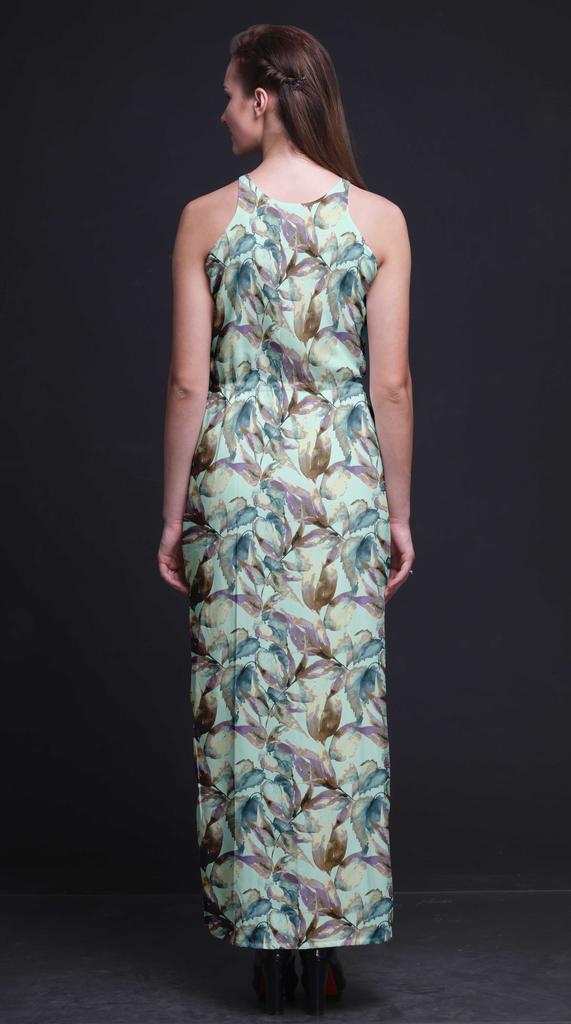 Bimba Leaves Women Sleeveless Crew Neck Halter Gown With Side Slits Maxi