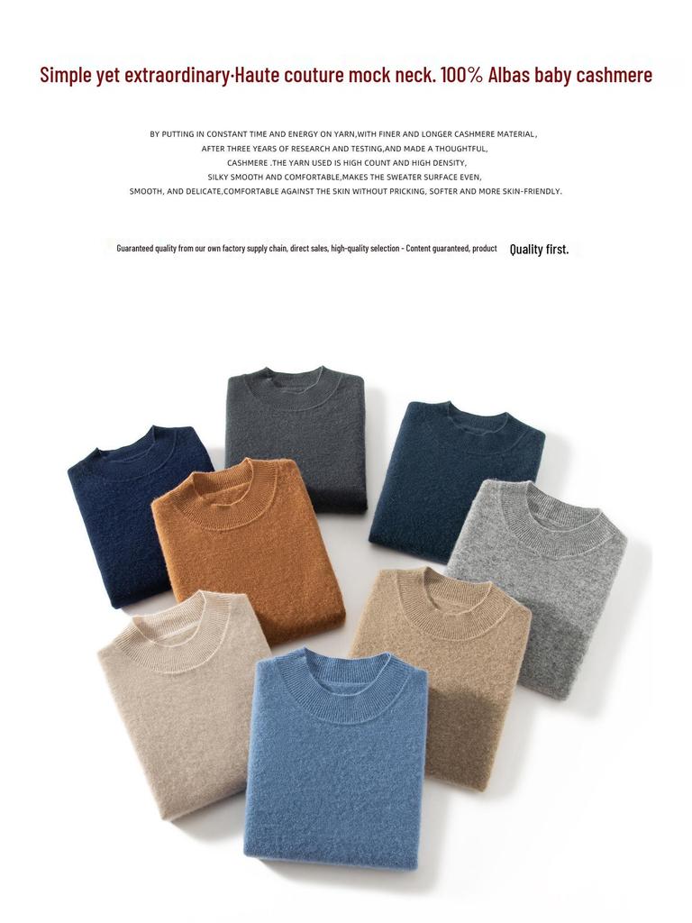 Men's 100% Pure Cashmere Double-Layer Sweater, Semi-High Neck, 2025 Autumn/Winter Thick Knit Base Layer