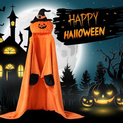 Halloween Wearable Hoodie Blanket for Adults Soft Flannel Hooded Cloak with Pocket Pumpkin