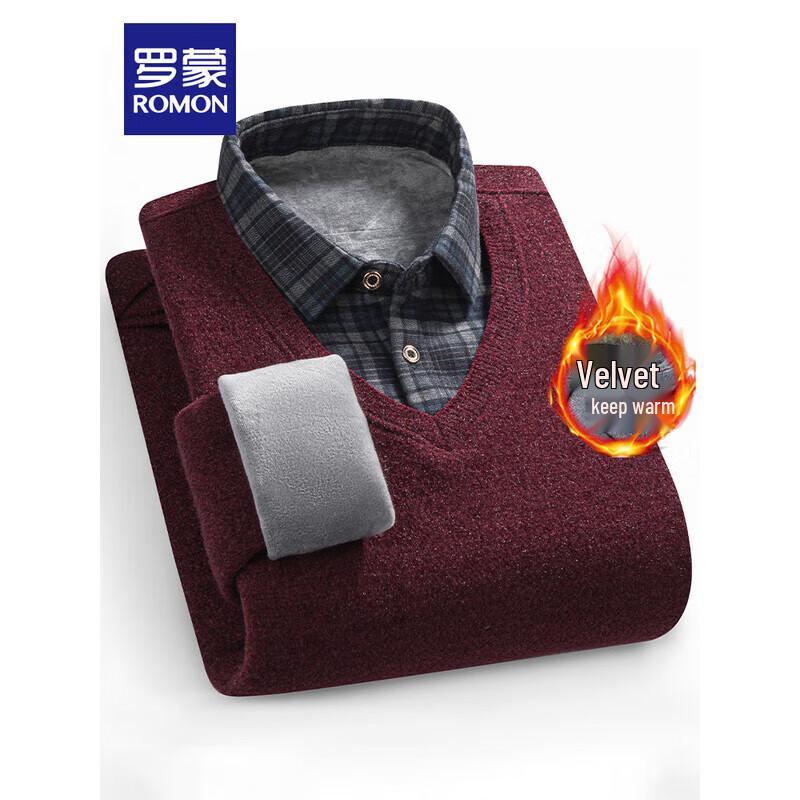 ROMON Men's Faux Two-Piece Elastic Slim Knit Shirt