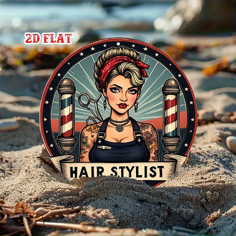 Hisun Tin Sign Vintage Pin Up Hair Stylist Barber Shop Themed Round Metal Tin Sign Retro Beauty Salon Wall Decor Art Plaque