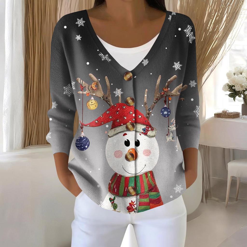Women's Fashion Long Sleeve Christmas Snowman Snowflake Print Jacket Cardigan