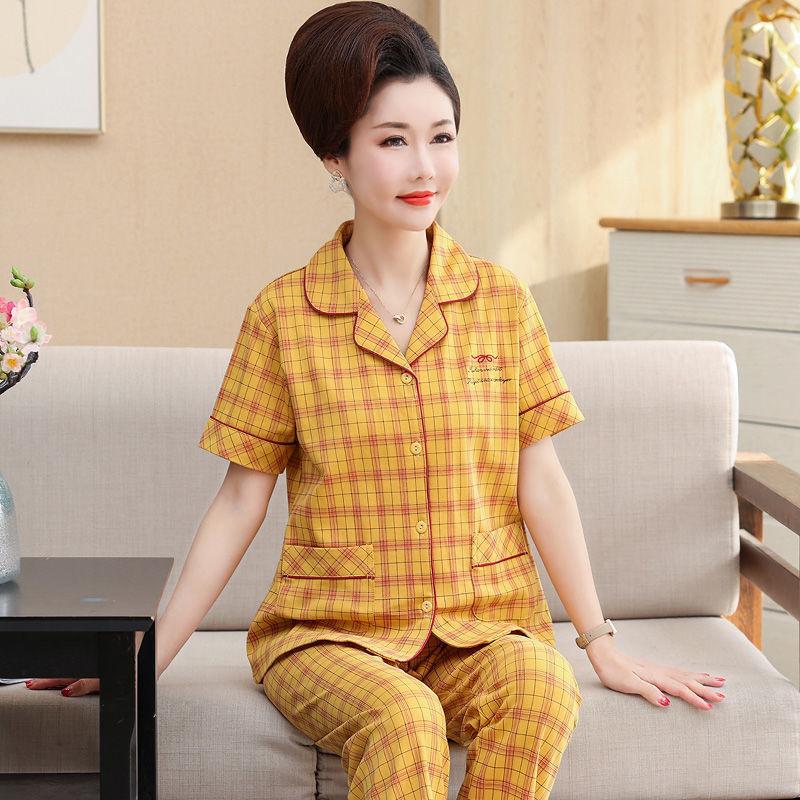 Summer cotton pajamas women's short-sleeved trousers middle-aged women's plus-size cardigan set thin loungewear