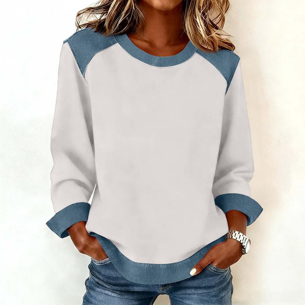 Damen Jeanskragen Patchwork Nähte Sweatshirt Lässig Pullover Langarmshirts