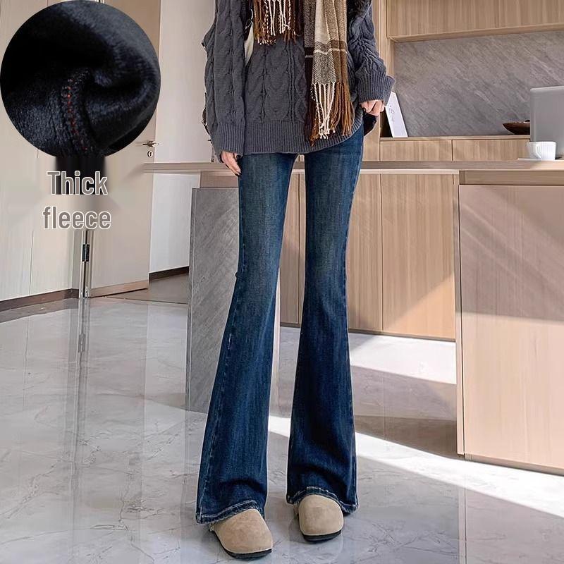 Women's Blue Fleece-Lined High-Waisted Micro-Flare Jeans for Petite - Slim Fit, Stretchy, Spring/Autumn 2026.