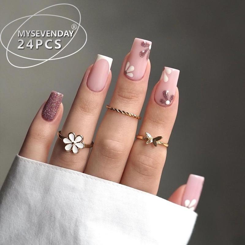 

Fashionable French Bling Wearable Nails - 24 Glittery Flower Removable Fake Nail Patches Glue Set