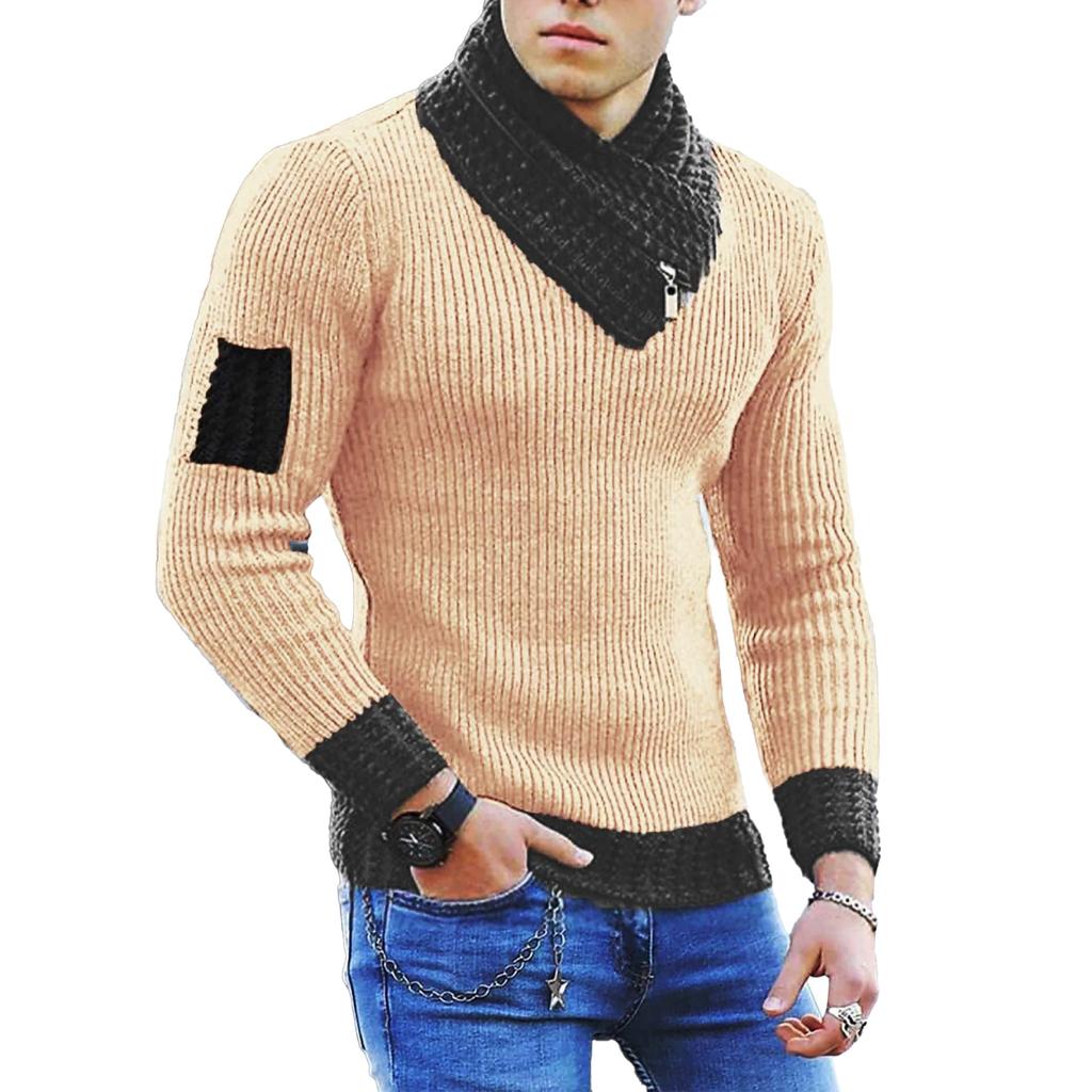 Men's Casual Solid-color Patchwork Style Long-sleeved High-neck Sweater, Men's Fitted Knitted Pullover, Scarf Collar Sweater