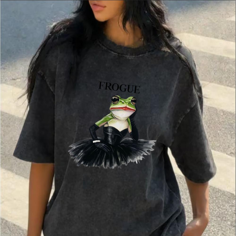 T-shirt Oversize Lavé Noir Vintage Style Grenouille Manches Courtes Col Rond Décontracté pour Femme
