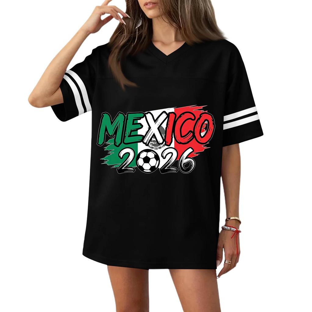 Women V Neck Casual Soccer Jersey Style Short Sleeve Top with Mexico 2026 Flag Print for Sports and Wear
