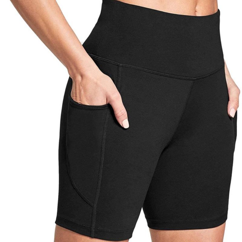 

Повседневные леггинсы-шорты для фитнеса и бега с высокой посадкой и карманами. Модные тренировочные леггинсы-шорты для йоги для женщин. Спортивные пуш-ап штаны для йоги 25154 L чёрный
