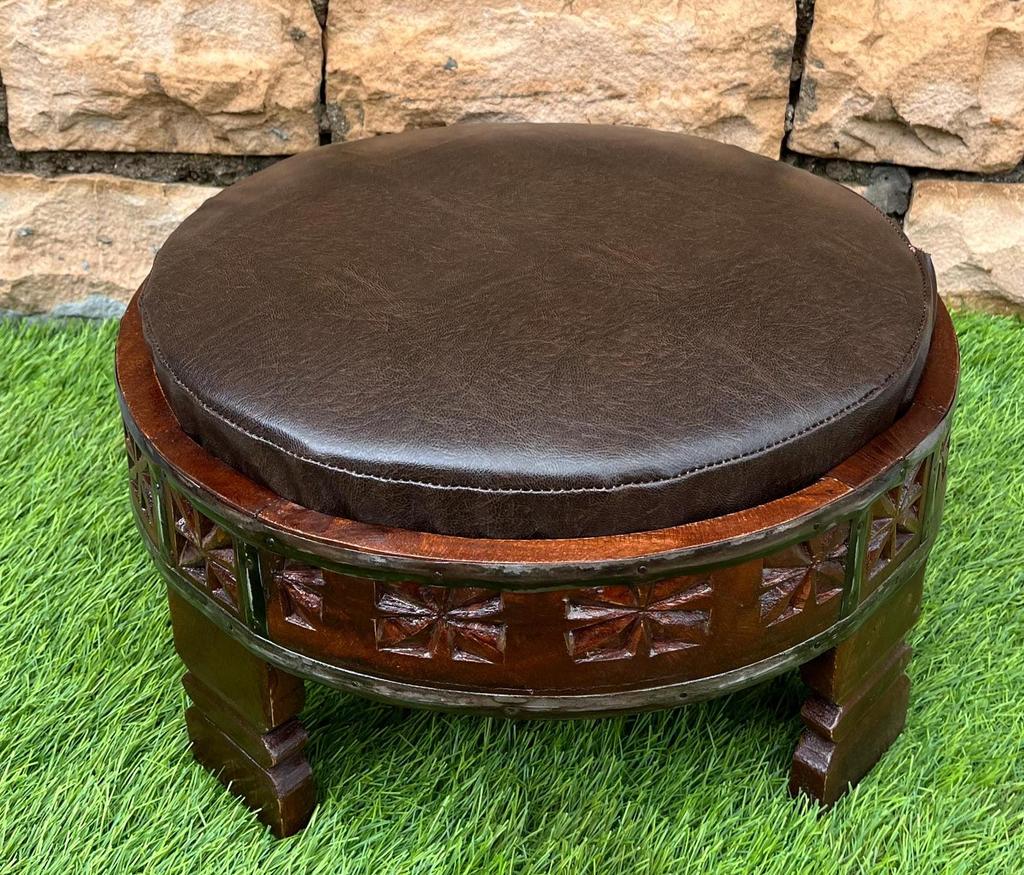 Wood Carved Sitting cushion Chakki Grinder Table- Furniture with cushion-Footstool Leather Cushion-Home Decor Style Carved Ottoman Low Stool