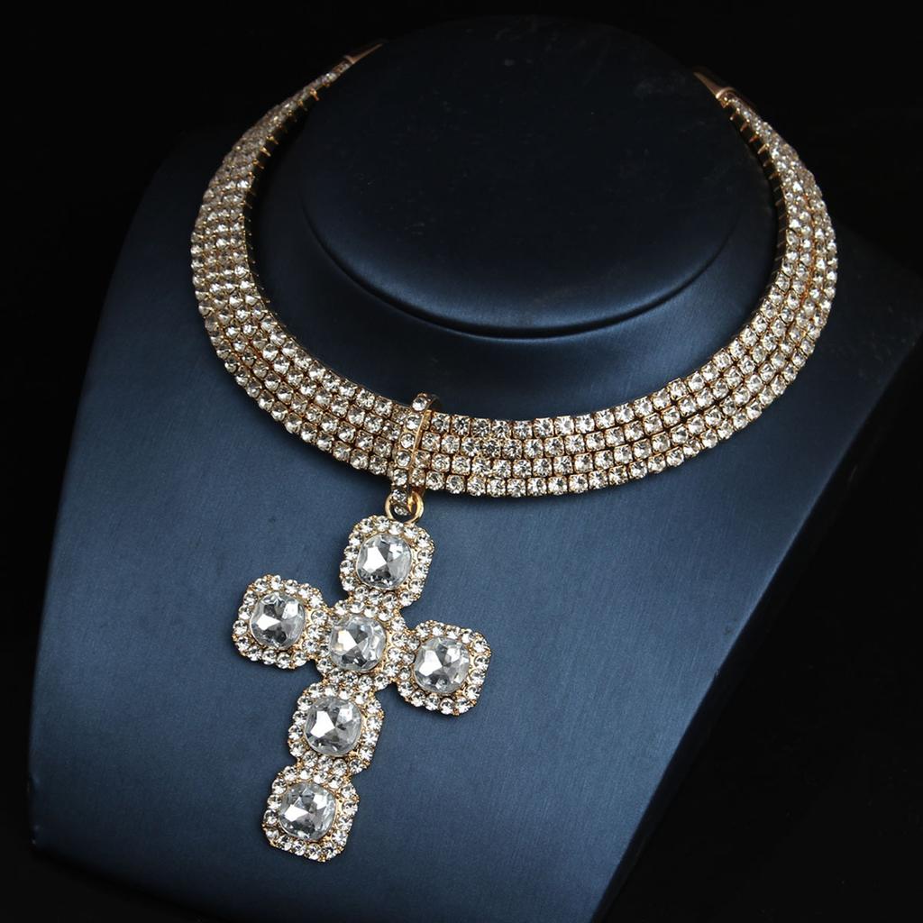 Personalized Rhinestone Cross Pendant Collar Exaggerated Necklace Women's Hip Hop Accessories
