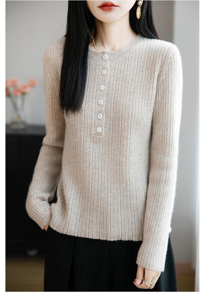 Women's Solid Color Wool Knitwear: Single-Breasted, Long-Sleeve, Round Neck, 2025 Autumn Collection