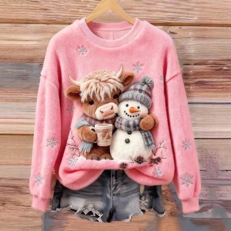 2026 3D Printed Flannel Round Neck Women's Sweater - New Year Collection for Autumn/Winter