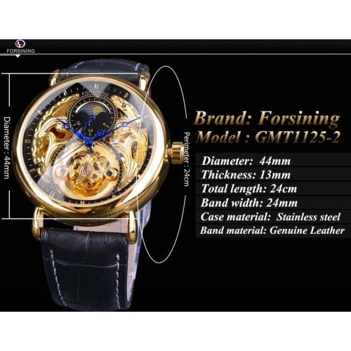 FORTINING Men's Automatic Analog Watch, Fashion Skeleton Tourbillon, Waterproof Moon Phase Leather Mechanical Watch (Black)