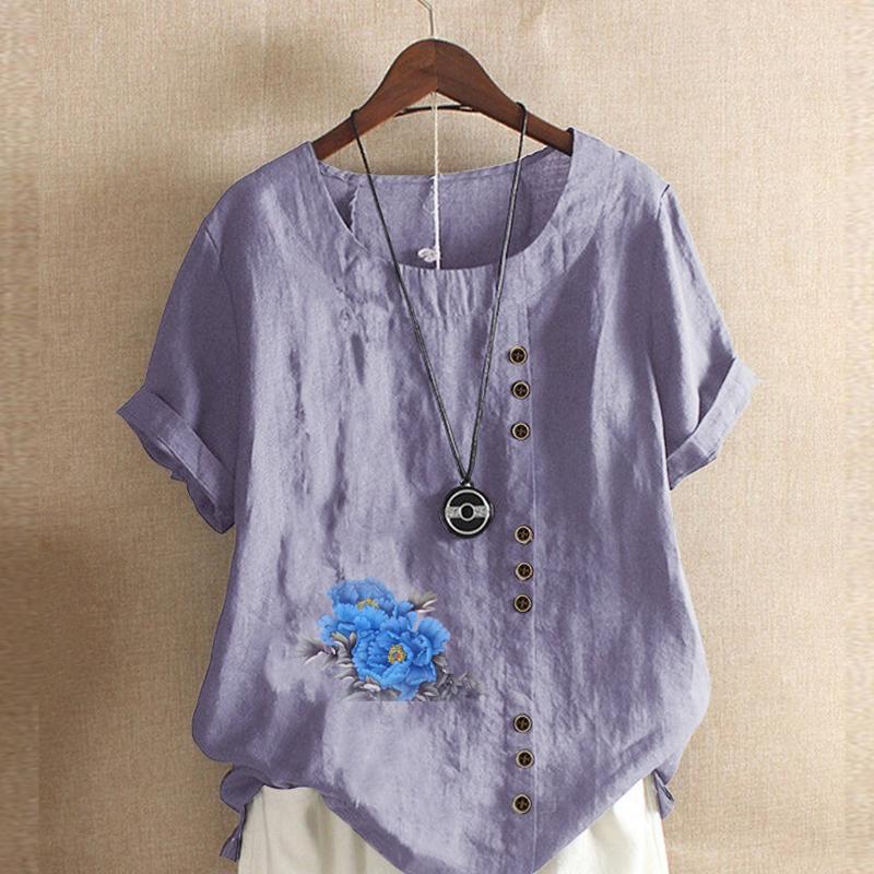 Women's Fashion Round Neck Short Sleeve T-shirt Casual Cotton Linen Graphic Shirt Leisure Loose Blue Flower Prined Summer Blouse Tops