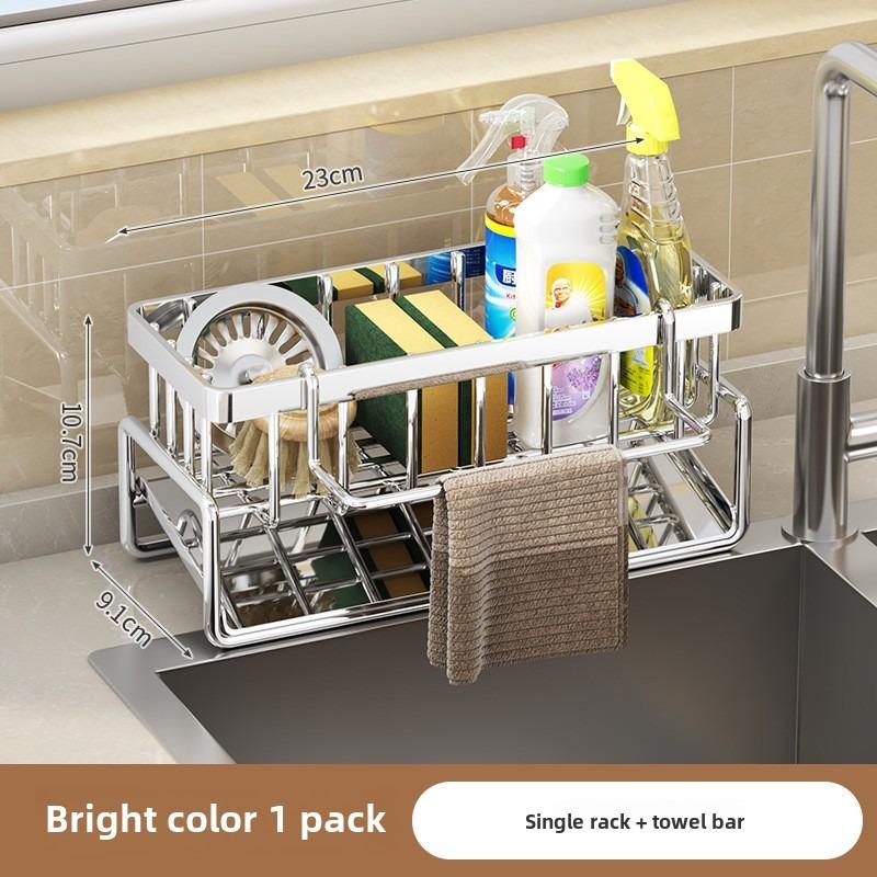 Stainless Steel Kitchen Sink Organizer, Faucet Rack, Sponge Holder, Towel Shelf, Self-Draining Storage for Sink Accessories