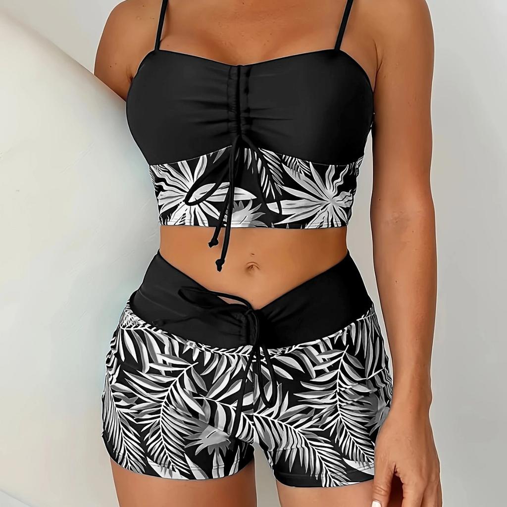 Bikini z wysokim stanem Damskie Vintage Kwiatowy Wzór Plisowany Sznurek Push-Up Patchwork Kostium Kąpielowy Duży Rozmiar Strój Kąpielowy