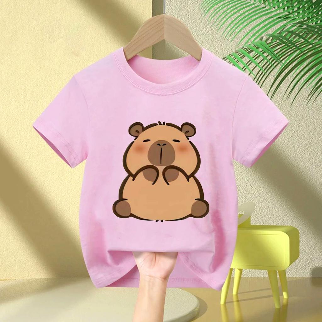 Cute Capybara Loves Bubble Tea Print Kids TShirt Summer Childrens Cartoon Shortsleeved Casual Tops Boys and Girls Clothing