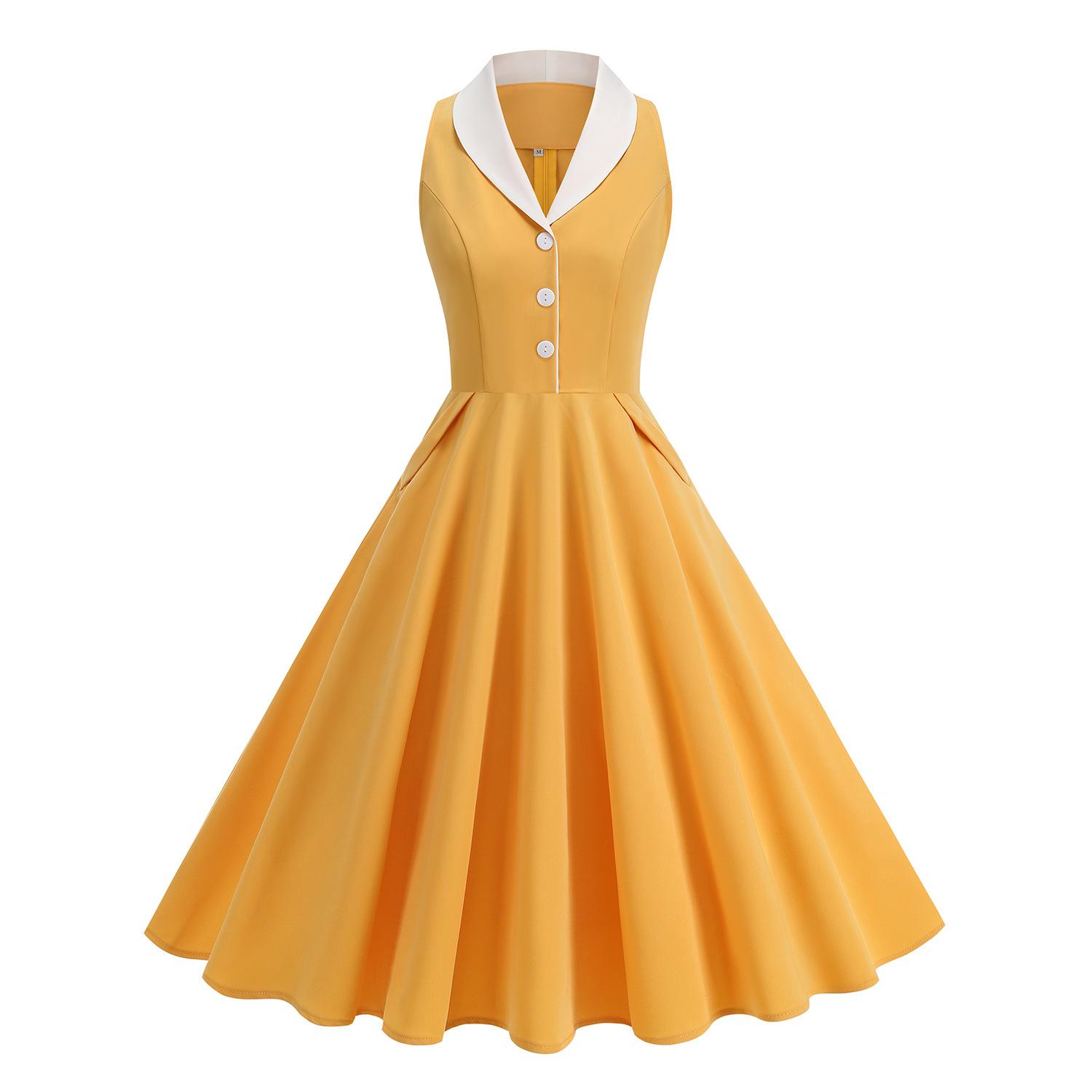 

Retro-style fitted waist, colour-blocked collar, mid-length flared dress for end-of-year performances S жёлтый