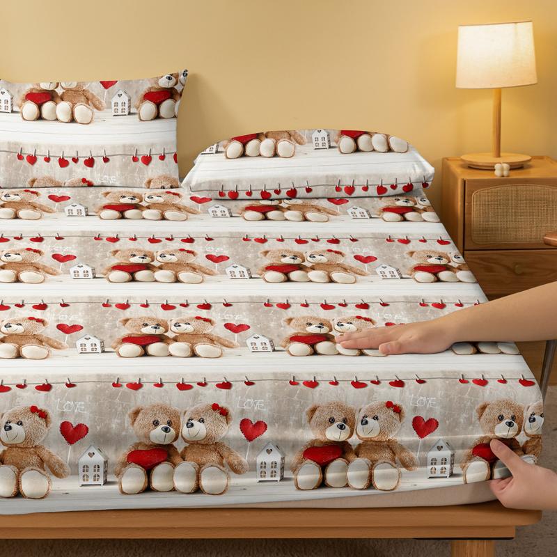 1 Cartoon Fun Heart-Shaped  Printed Matte Fitted Sheet, Bedroom Printed Bed Cover, Bedding (Excluding Pillowcases)