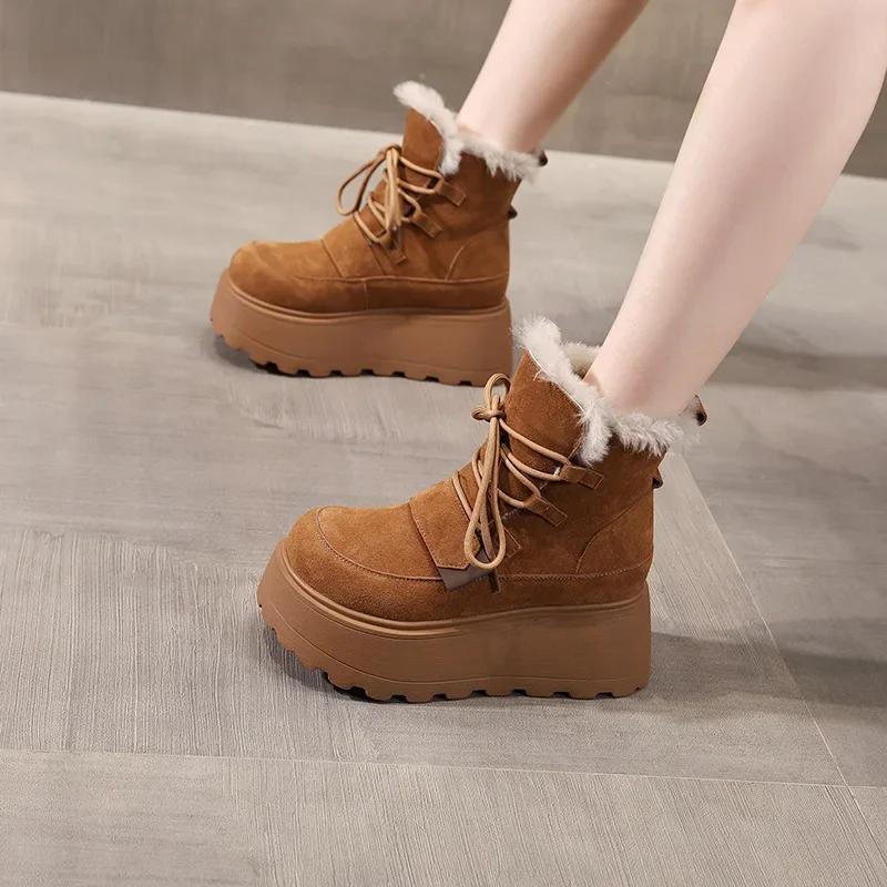 Fashion 7cm Suede Cow Genuine Leather Platform Wedge Ankle Booties Ethnic Flats Winter Plush Autumn Spring Lady Women Boots Shoes