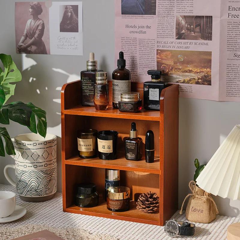 Solid wood cosmetics storage rack Desktop cup sample storage box Multi-layer wooden retro storage rack