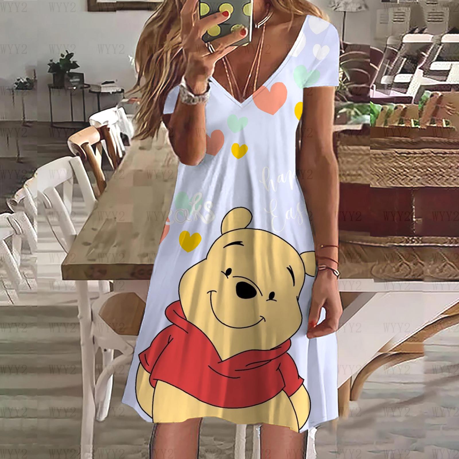 

Летнее женское платье с V-образным вырезом и коротким рукавом, повседневное, с принтом Disney Winnie the Pooh, женская простая пляжная ветреная одежда 3XL