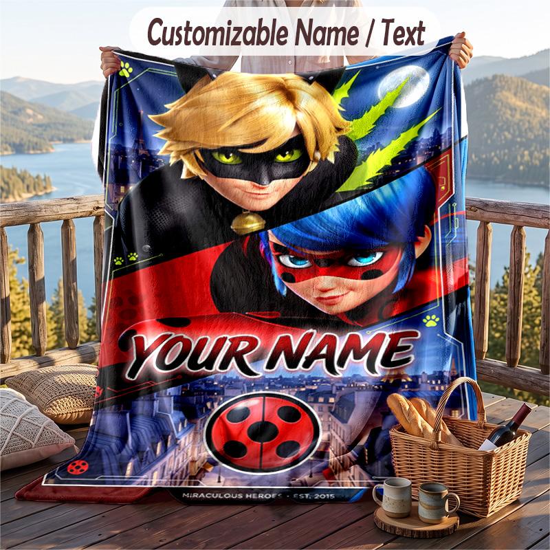 Miraculous Ladybug Flannel Blanket, Personalized Custom Name Text, Soft Warm Plush Throw Blanket For Gift