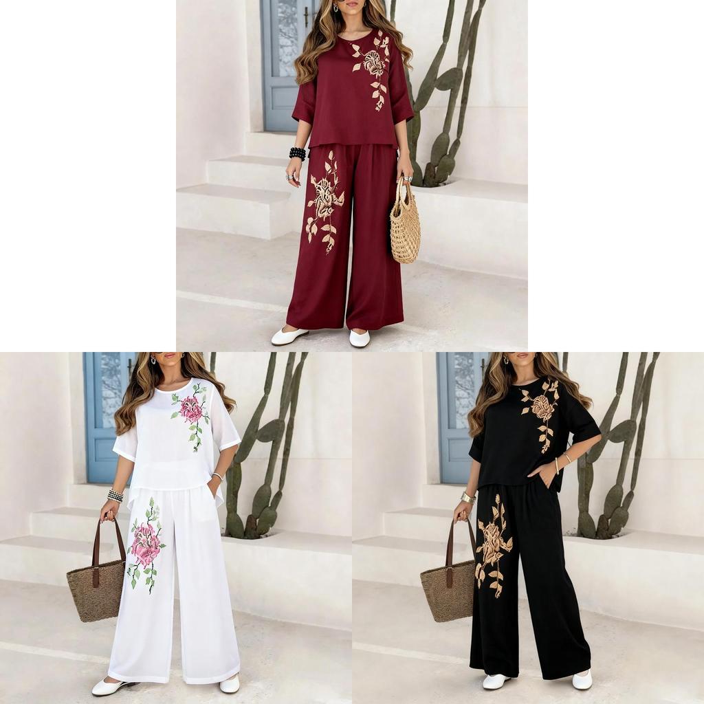 Vintage Plant Embroidery Cotton Linen Casual Pants Set For Women Summer Streetwear
