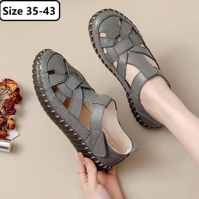 Fashion New T Strap Roman Shoes 43 Woman Genuine Leather Flats Fisherman Sandals Women's Summer Hollow Breathable Lazy Shoes Lady Flats