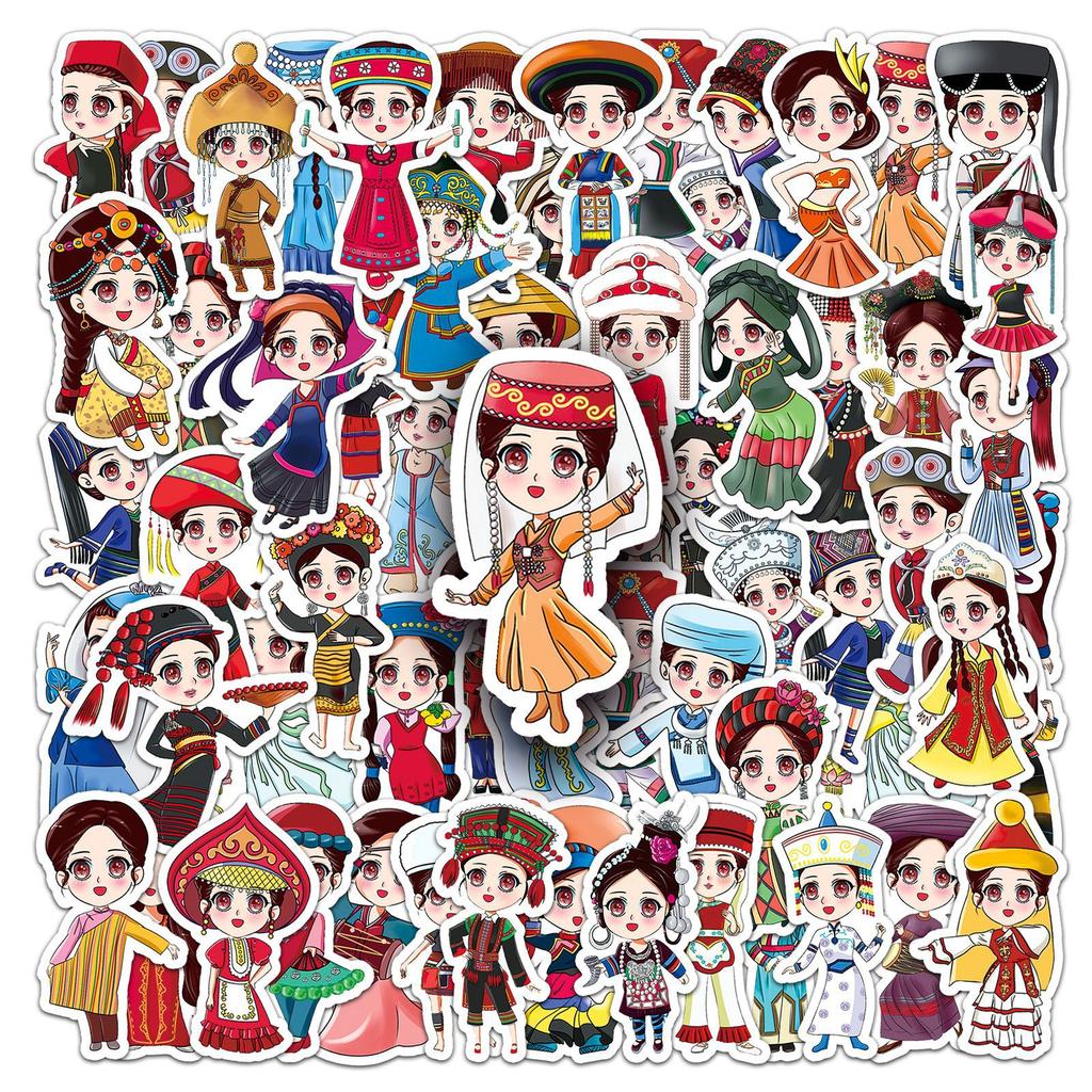 56 Creative Stickers of 56 Ethnic Groups In Chinese Style Traditional Ethnic Minority Clothing Girl Hand Tent Guka Stickers