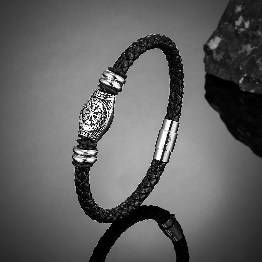 

Punk Men Vikings Leather Bracelet Braided Multilayer Stainless Steel Norse Runes Bead Bangles Couple Jewelry Gift 23cm