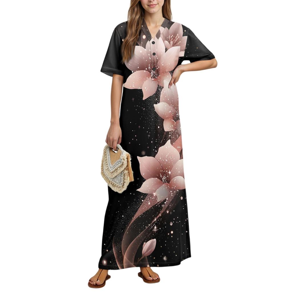 Damenmode Bedrucktes Nachthemd Hauskleidung Kurzarm-Nachthemd mit Taschen Langes Kleid