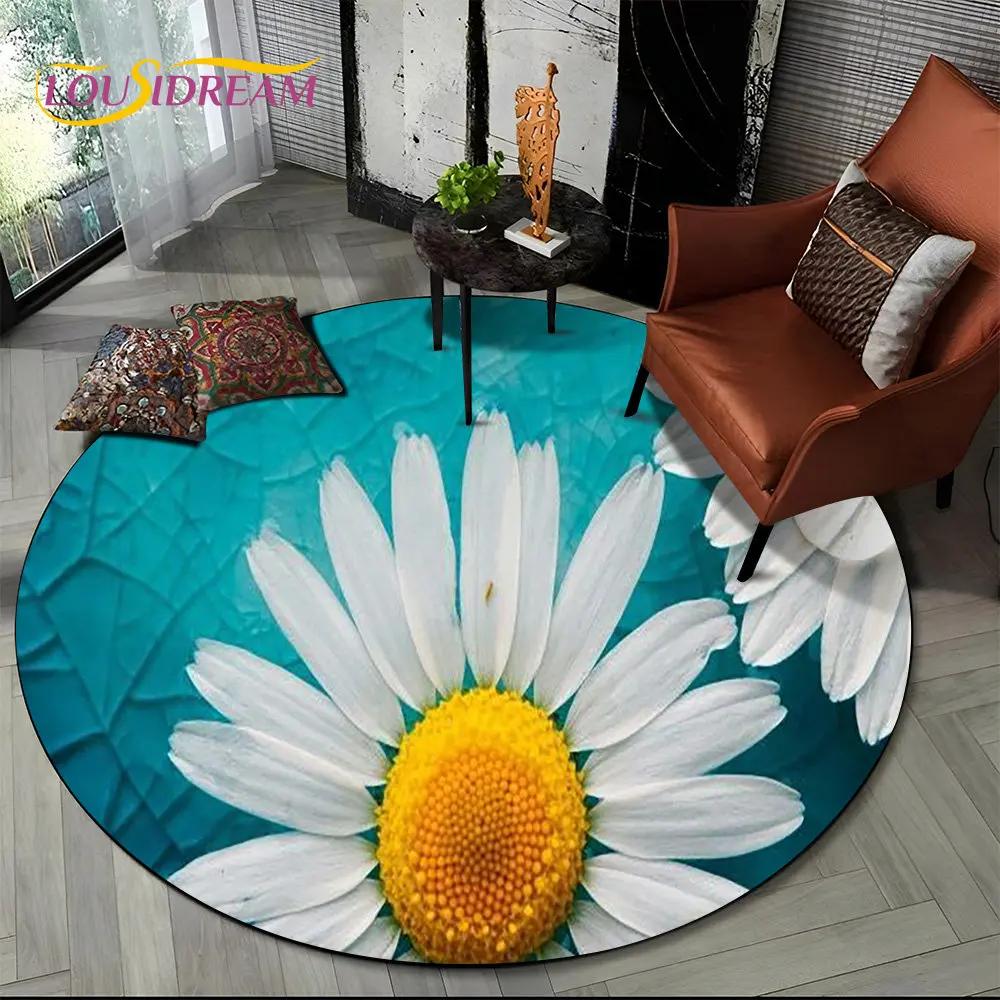 3D Daisy Nordic Flower Sunflower Round Area Rug,Carpet for Living Room Children's Bedroom Sofa Playroom Decor,Non-slip Floor Mat