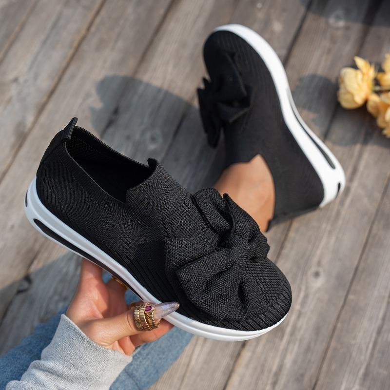 Fashion Mid-heel Flat Single Shoes New Summer Round Head Deep Mouth Net Fabric Butterfly Knot Soft Sole Non-slip Cloth Shoes