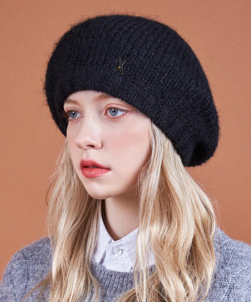 Bajal Studded Logo Wool Knit Beret Black