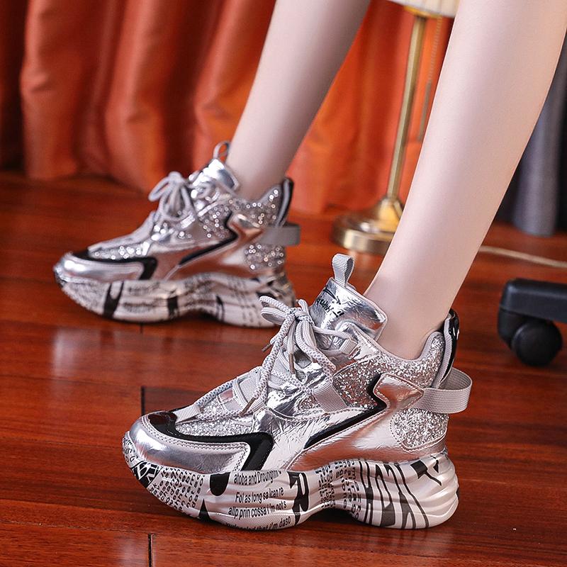 

Модная НОВАЯ Спортивная Обувь Женская 2024 Осень Круглый Носок На Шнуровке Толстая Подошва Повседневная Обувь Кроссовки на Платформе Дизайнерская Роскошная Обувь для Женщин 35 серебряный